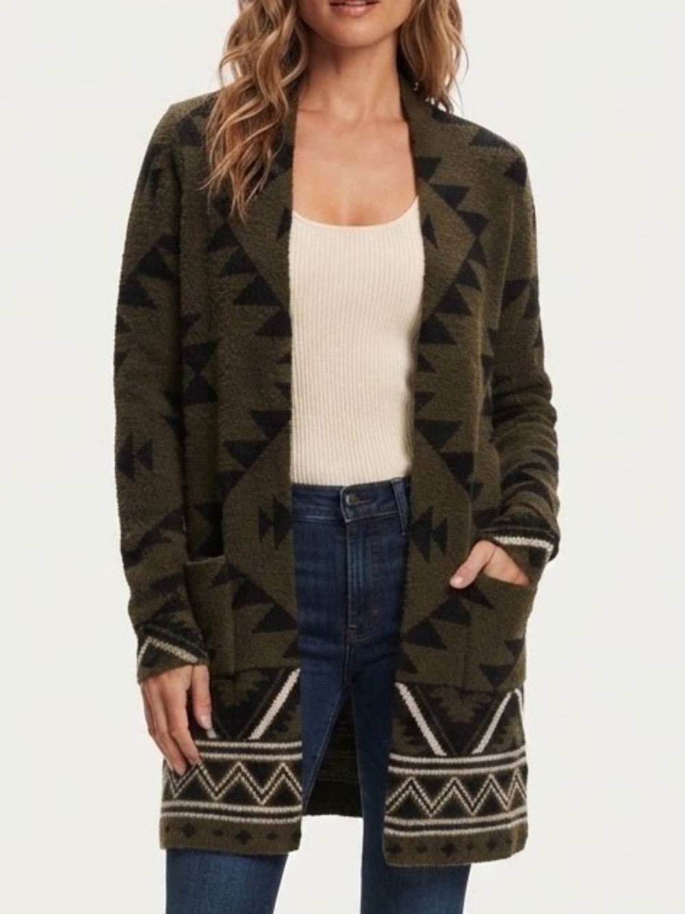 Frye Olive Green Aztec Southwestern Fuzzy Knit Open Front Cardigan Sweater M